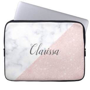 Elegant girly rose gold glitter & white marble laptop sleeve