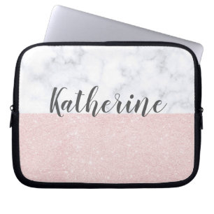 Elegant girly rose gold glitter & white marble laptop sleeve