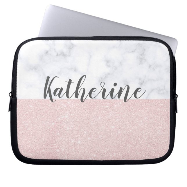 Elegant girly rose gold glitter & white marble laptop sleeve (Front)