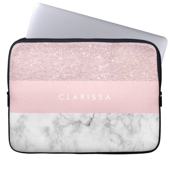 Elegant girly rose gold glitter & white marble laptop sleeve (Front)