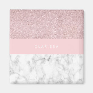 Elegant girly rose gold glitter & white marble magnet