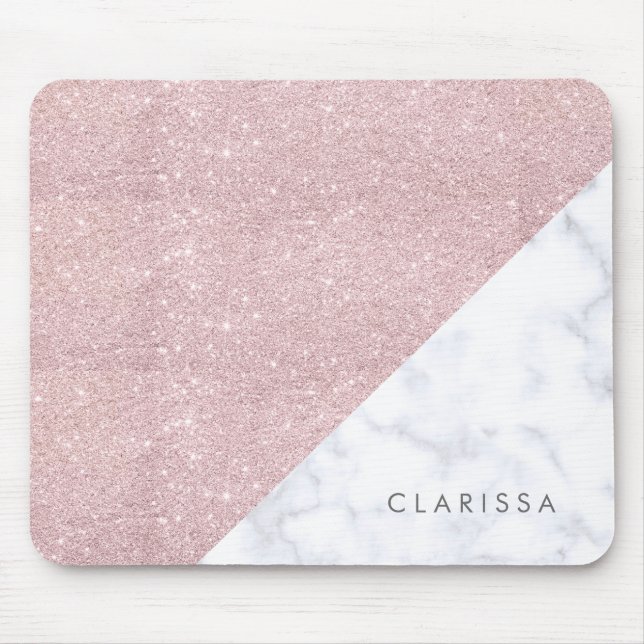 Elegant girly rose gold glitter white marble mouse pad (Front)