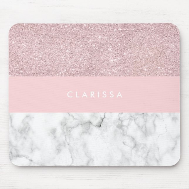 Elegant girly rose gold glitter & white marble mouse pad (Front)