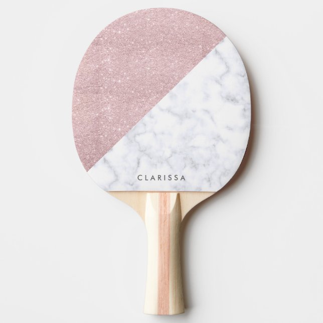 Elegant girly rose gold glitter white marble ping pong paddle (Front)