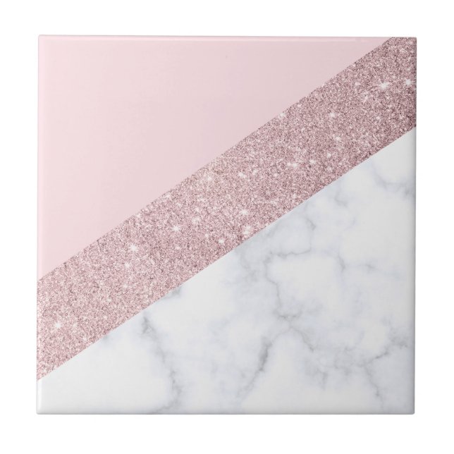 elegant girly rose gold glitter white marble pink ceramic tile (Front)