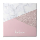 Elegant girly rose gold glitter white marble pink ceramic tile<br><div class="desc">Stylish and elegant geometric faux rose gold glitter,  white marble and pink colour block.</div>