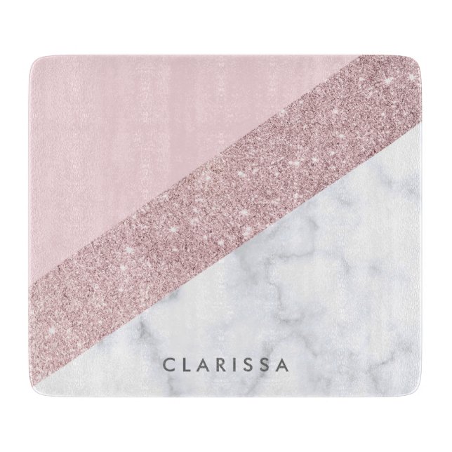 elegant girly rose gold glitter white marble pink cutting board (Front)