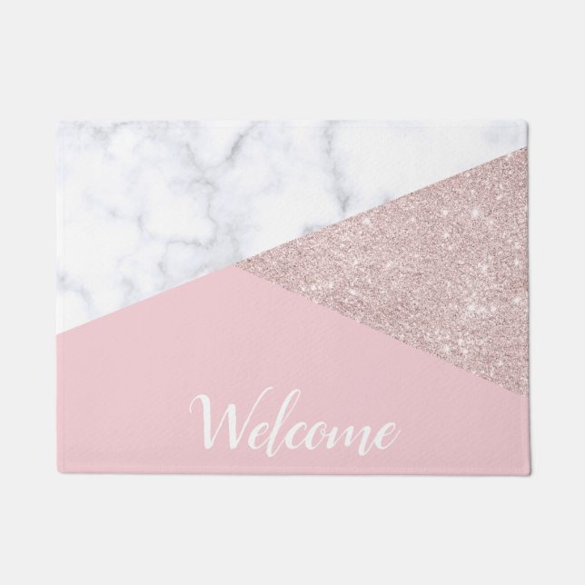 Elegant girly rose gold glitter white marble pink doormat (Front)