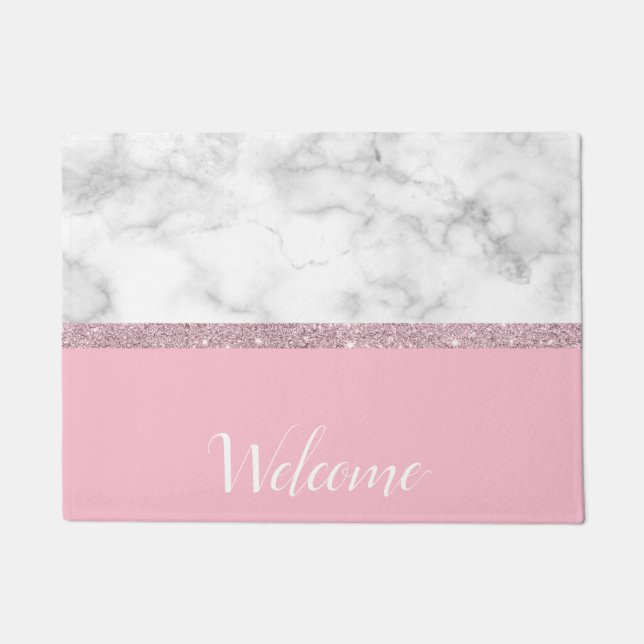Elegant girly rose gold glitter white marble pink doormat (Front)
