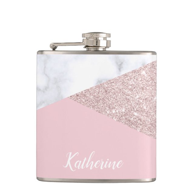 Elegant girly rose gold glitter white marble pink hip flask (Front)