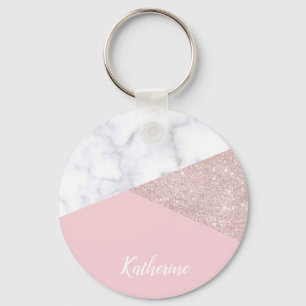 Elegant girly rose gold glitter white marble pink key ring