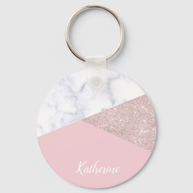 Elegant girly rose gold glitter white marble pink key ring (Front)