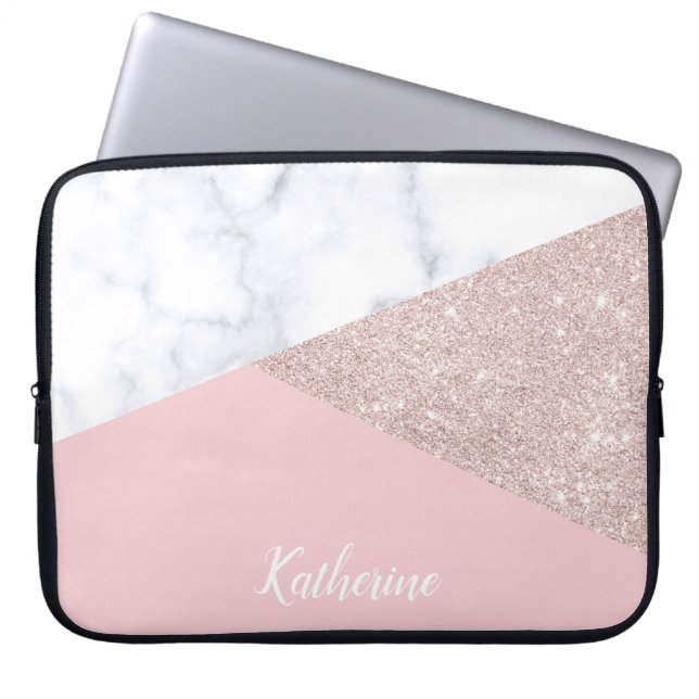 Elegant girly rose gold glitter white marble pink laptop sleeve (Front)