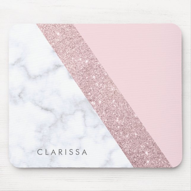 elegant girly rose gold glitter white marble pink mouse pad (Front)