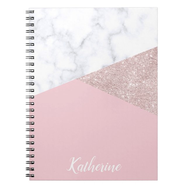 Elegant girly rose gold glitter white marble pink notebook (Front)