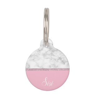 Elegant girly rose gold glitter white marble pink pet tag