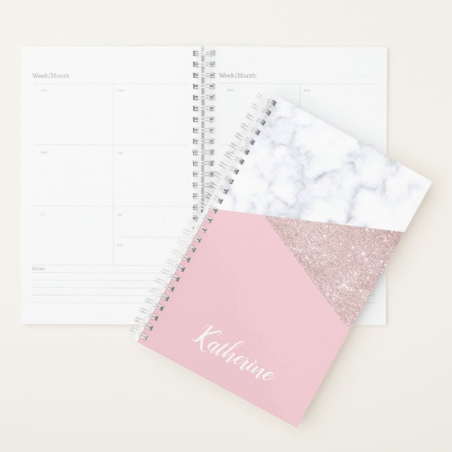 Elegant girly rose gold glitter white marble pink planner (Display)