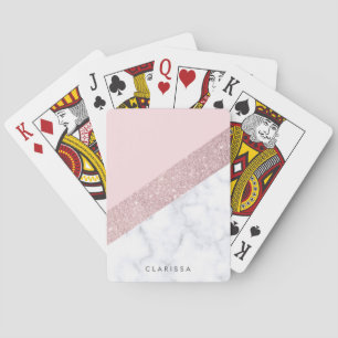 elegant girly rose gold glitter white marble pink playing cards