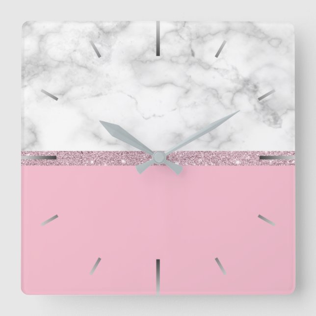 Elegant girly rose gold glitter white marble pink square wall clock (Front)