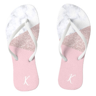 Elegant girly rose gold glitter white marble pink thongs