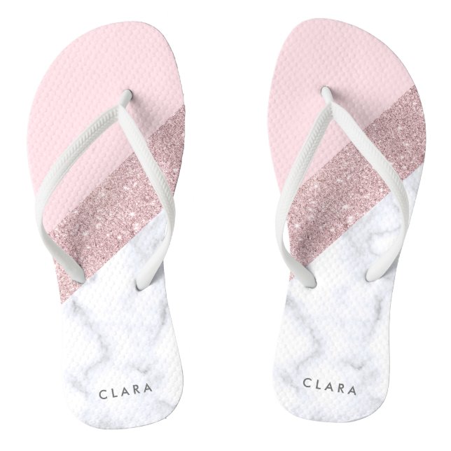 elegant girly rose gold glitter white marble pink thongs (Footbed)