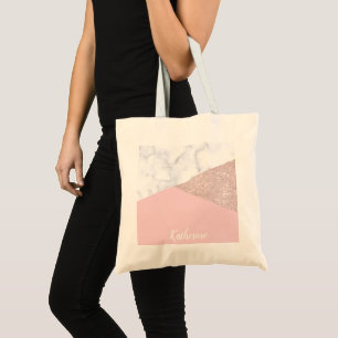 Elegant girly rose gold glitter white marble pink tote bag