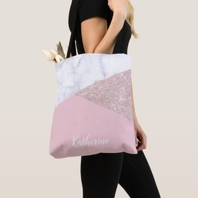 Elegant girly rose gold glitter white marble pink tote bag (Close Up)