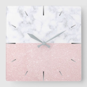 Elegant girly rose gold glitter & white marble square wall clock