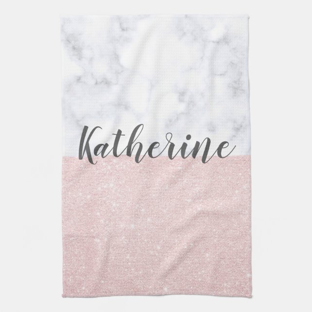Elegant girly rose gold glitter & white marble tea towel (Vertical)