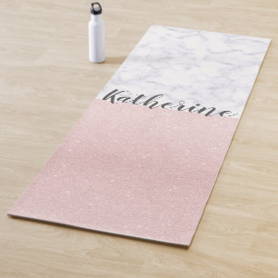 Elegant girly rose gold glitter & white marble yoga mat