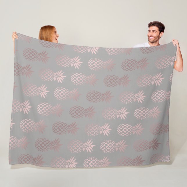 Elegant girly rose gold & grey pineapple pattern fleece blanket (In Situ)
