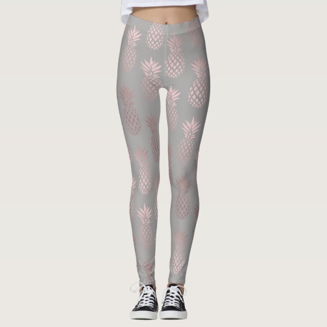 Elegant girly rose gold & grey pineapple pattern leggings (Front)