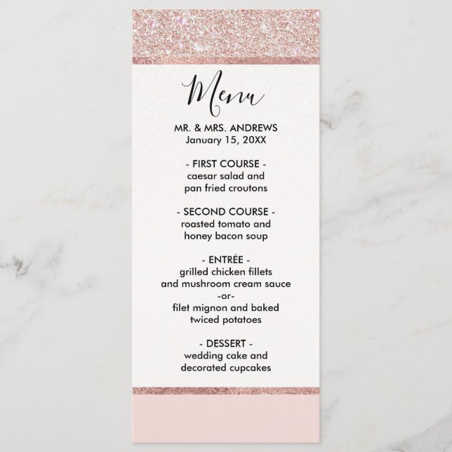 Elegant Girly Rose Gold Pink Glitter Ombre Menu (Front)