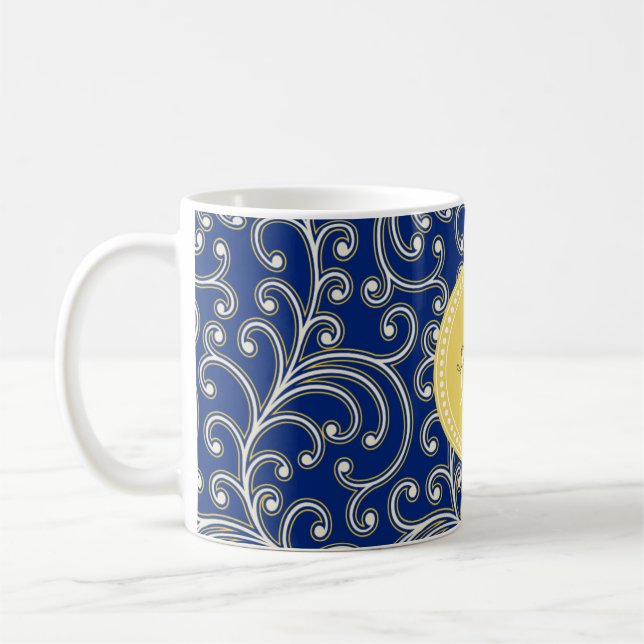 Elegant girly royal blue floral pattern monogram coffee mug (Left)