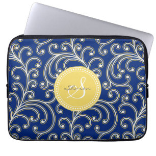 Elegant girly royal blue floral pattern monogram laptop sleeve