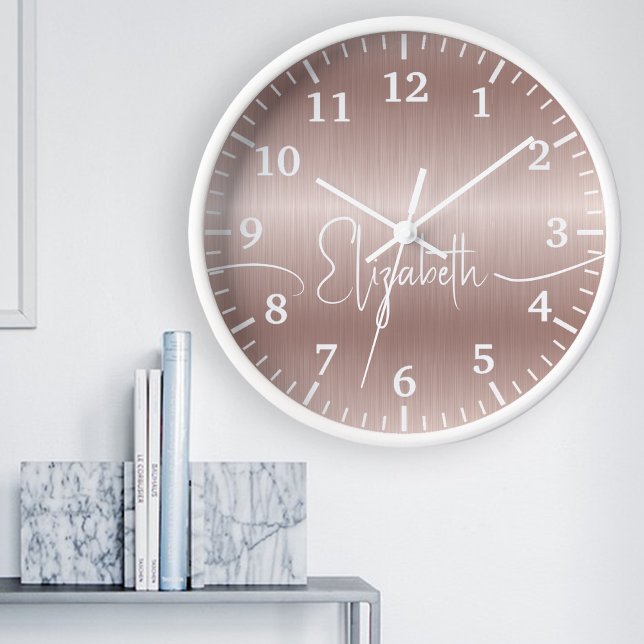 Elegant Girly Script Rose Gold Brushed Metal Large Clock (Creator Uploaded)