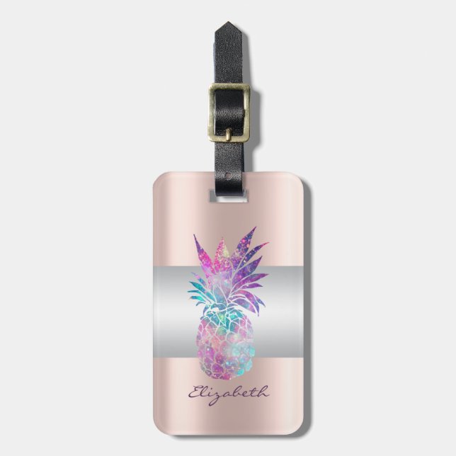 Elegant Girly Stripe, Pineapple Rose Gold Luggage Tag (Front Vertical)