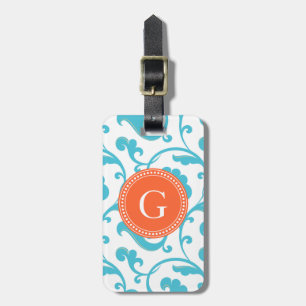 Elegant girly teal blue floral pattern monogram luggage tag