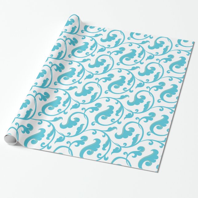 Elegant girly teal blue floral pattern monogram wrapping paper (Unrolled)