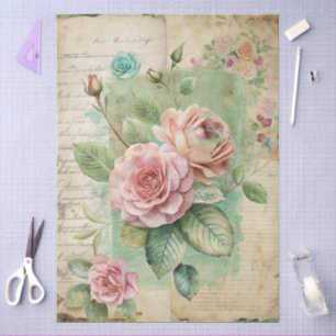 Elegant Girly Teal Cottagecore Pink Floral Tissue Paper