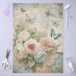 Elegant Girly Teal Cottagecore Pink Floral Tissue Paper