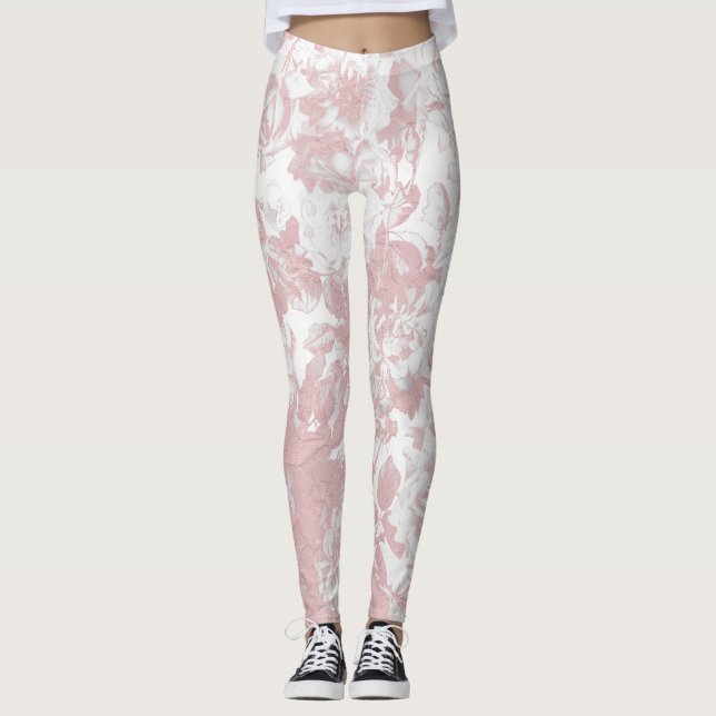 Elegant girly trendy pink coral white floral lace leggings (Front)