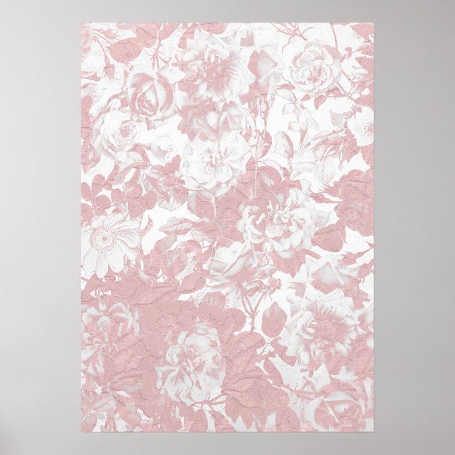 Elegant girly trendy pink coral white floral lace poster (Front)