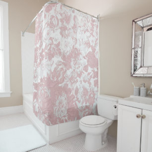 Elegant girly trendy pink coral white floral lace shower curtain