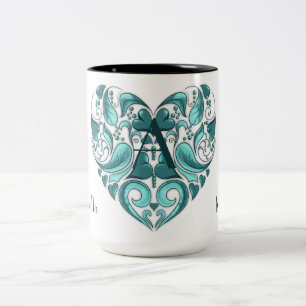 Elegant girly turquoise heart with your text Two-Tone coffee mug