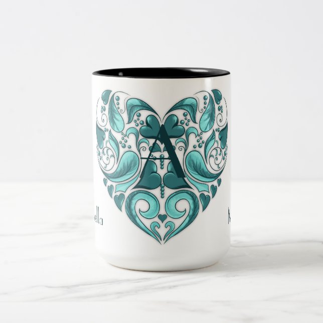 Elegant girly turquoise heart with your text Two-Tone coffee mug (Center)