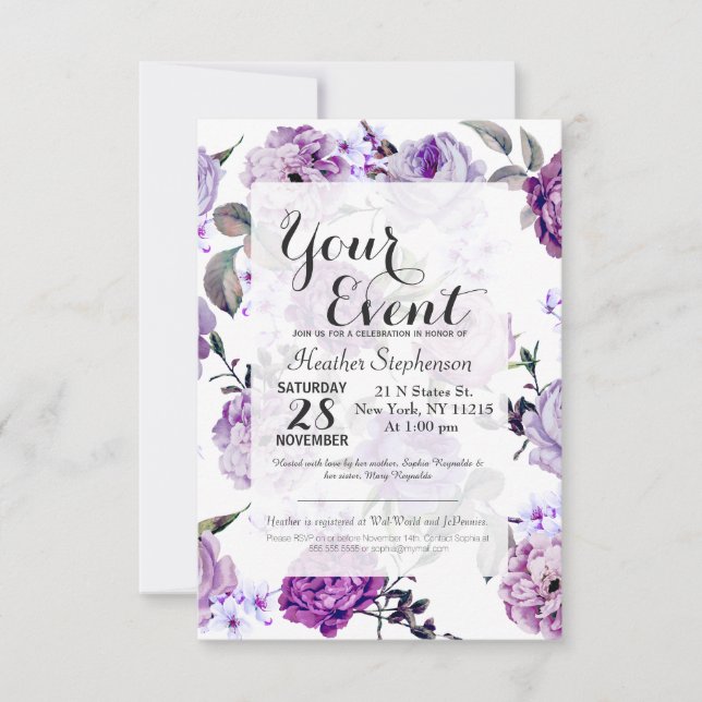 Elegant Girly Violet Lilac Purple Flowers Invitation (Front)