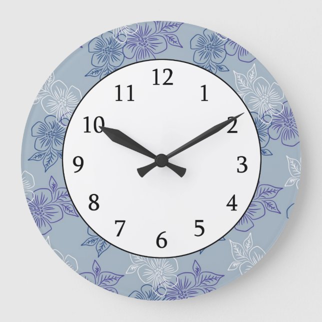 Elegant Girly White Purple Blue Floral Pattern Large Clock (Front)