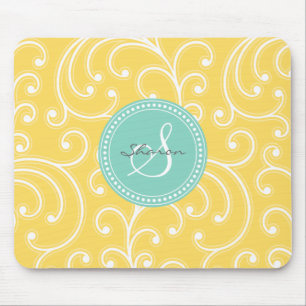 Elegant girly yellow floral pattern monogram mouse pad