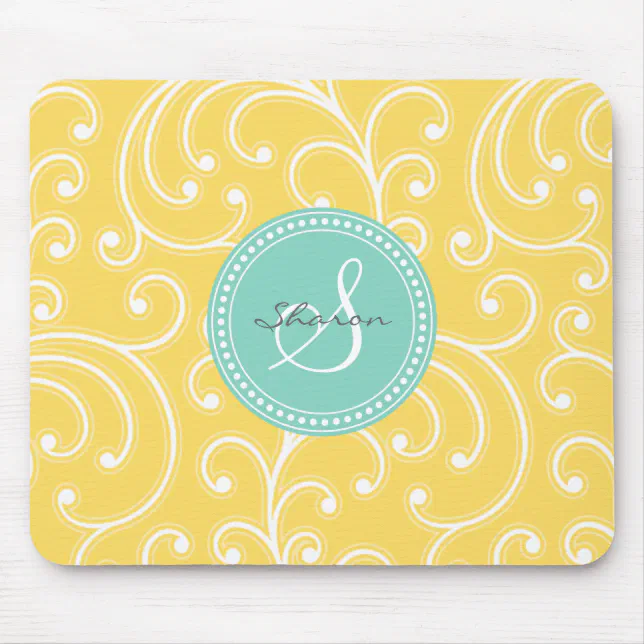 Elegant girly yellow floral pattern monogram mouse pad | Zazzle